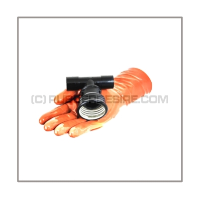 Gasmask-t-joint T-MEDI-F-OCC with 22 mm mediport male to gasmask-connector-thread female and 22 mm mediport male without breathing reduction vent